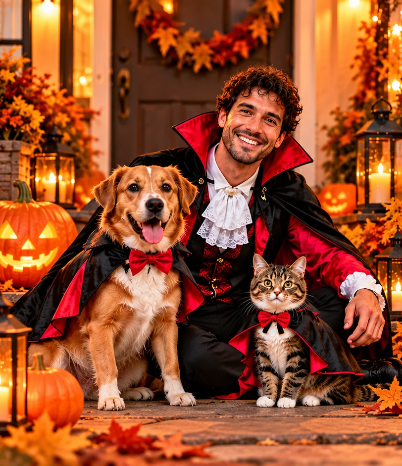 Uomo vestito da vampiro con cane e gatto in costume davanti a zucche illuminate per Halloween