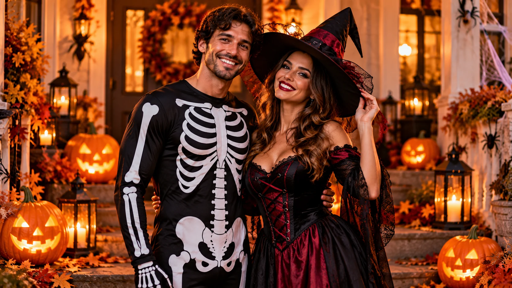 Coppia in costume di Halloween: uomo con tuta da scheletro e donna vestita da strega, con zucche illuminate