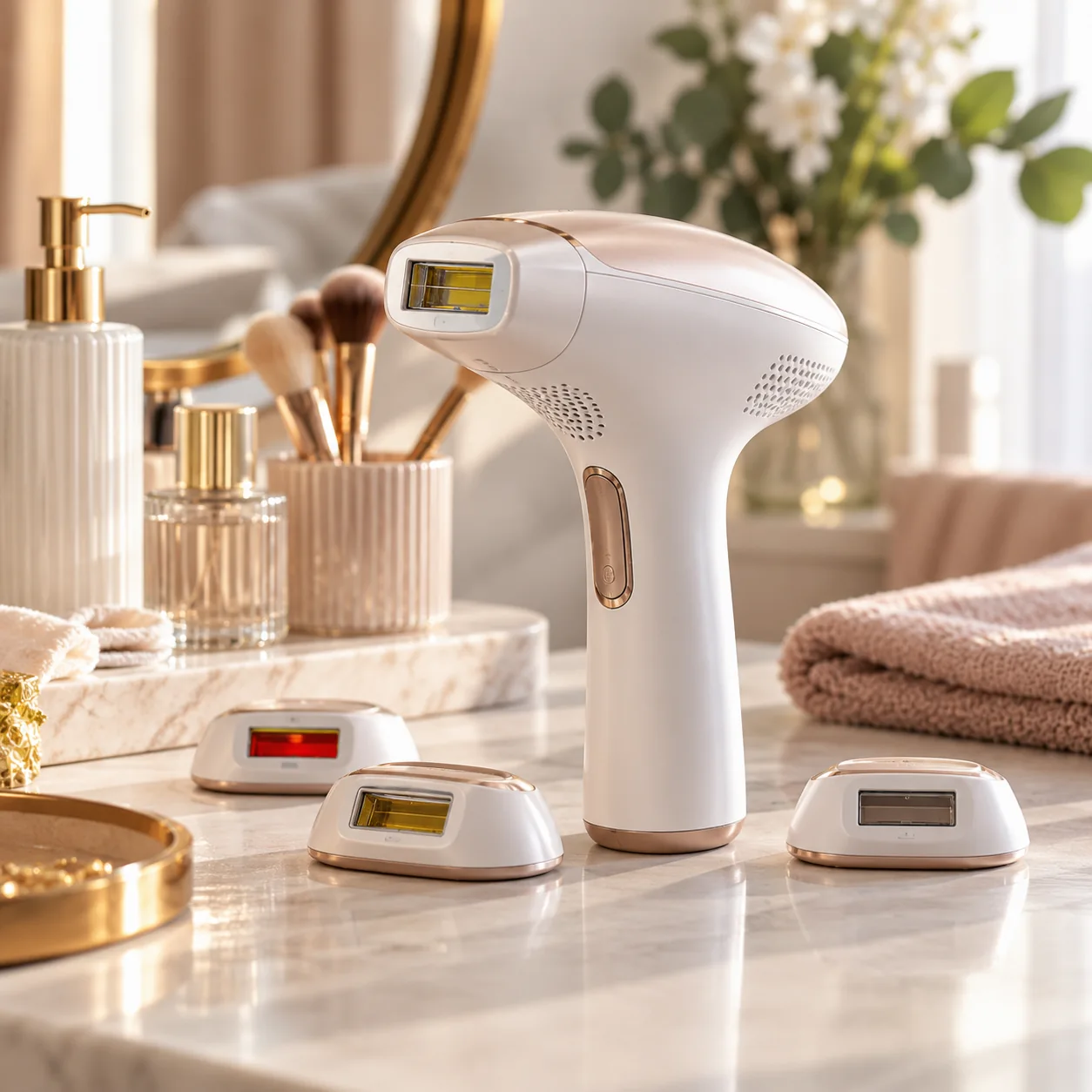 Dispositivo per epilazione domestica a luce pulsata su un mobile da bagno