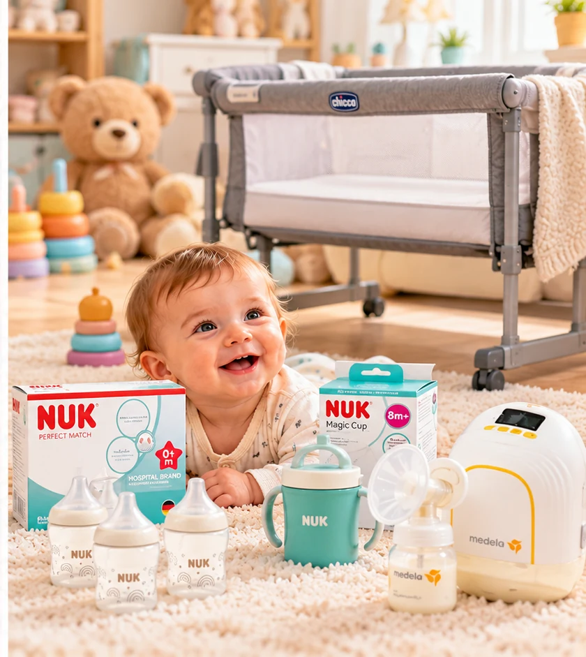 Bambino sorridente nella cameretta con accessori per la prima infanzia