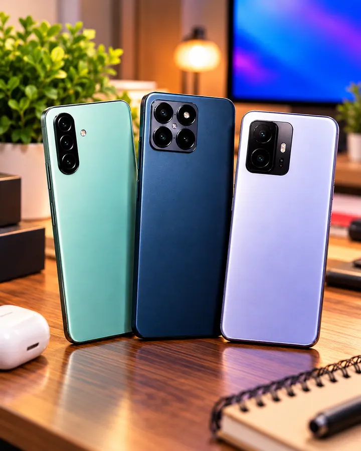 Tre smartphone Android di fascia media disposti su una scrivania, immagine illustrativa per una guida all'acquisto.