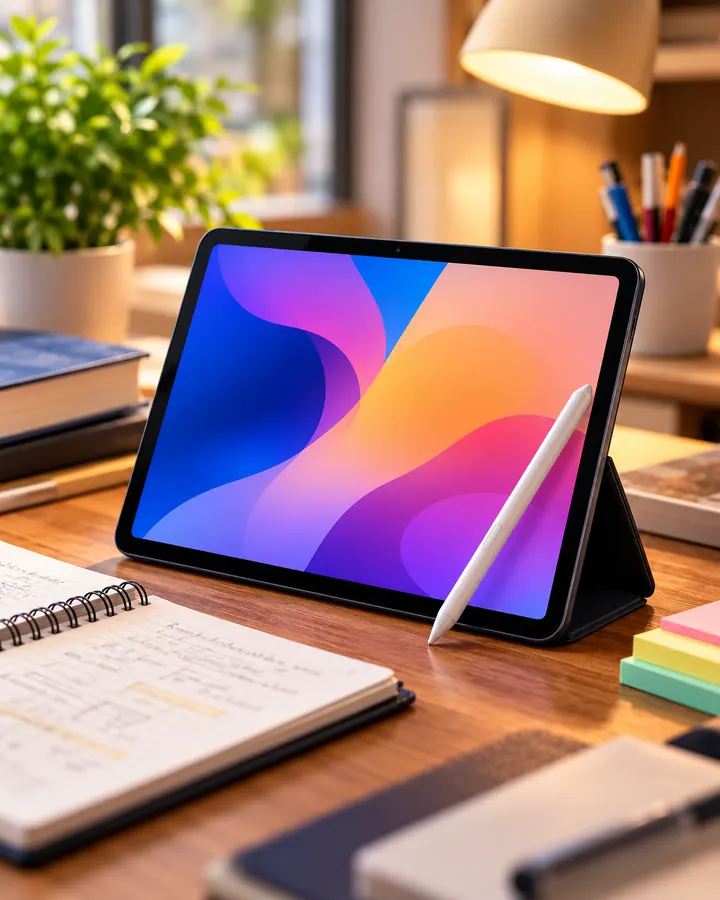 Tablet con penna digitale e quaderno su una scrivania per lo studio, immagine illustrativa.