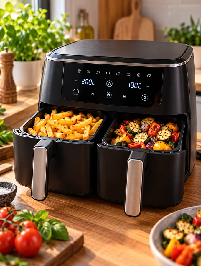 Friggitrice ad aria a doppio cestello con alimenti su un piano cucina, immagine illustrativa.