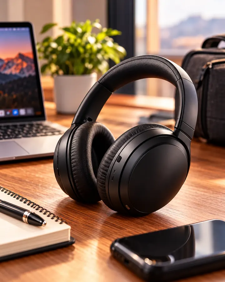 Cuffie wireless over-ear su una scrivania accanto a un computer, immagine illustrativa.